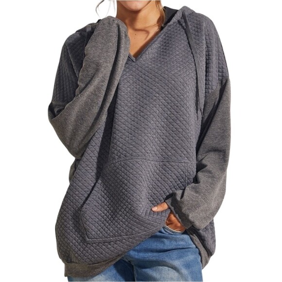 Simple by Suzanne Betro Quilted Charcoal Kangaroo-Pocket Hoodie 2x - Picture 1 of 9